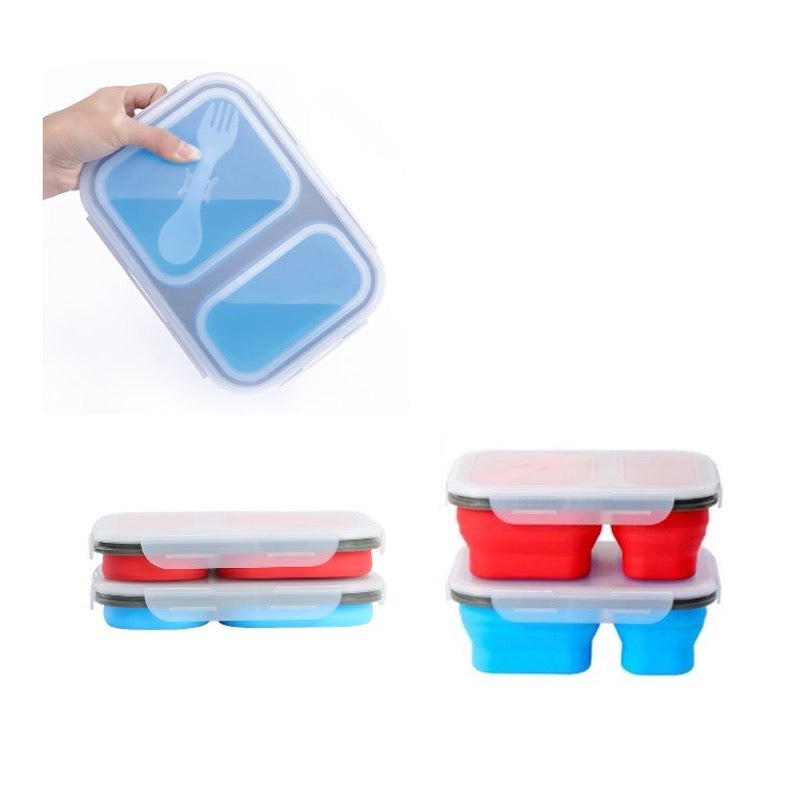 Bento box in red and blue, collapsed and expanded, 2 compartments.