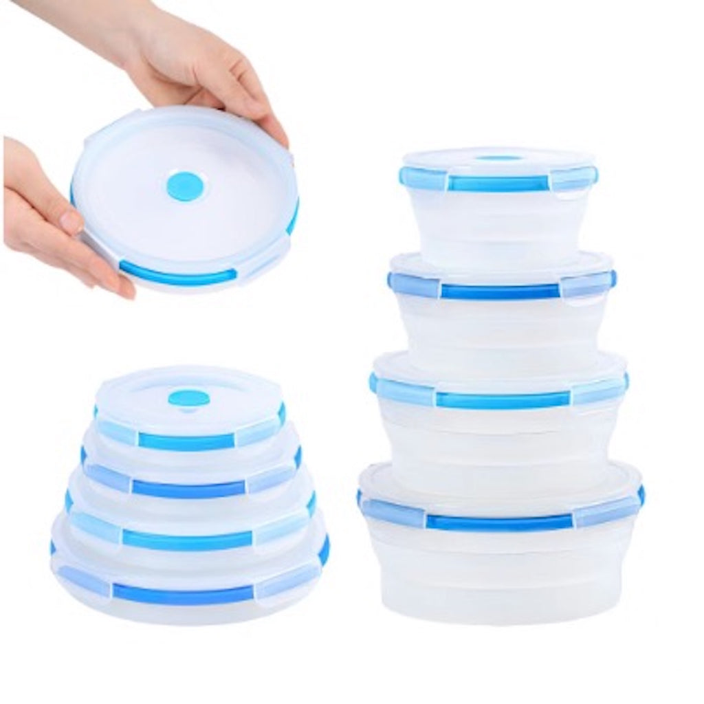 Set of 4 round collapsible containers in blue and light blue.