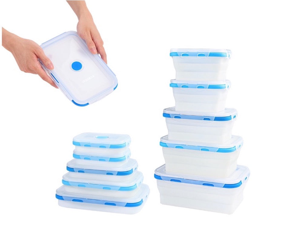Set of 5 collapsible containers in blue and light blue.