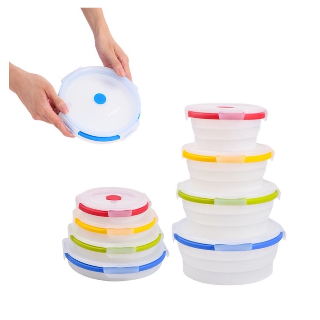 Set of 4 round collapsible containers in blue, green, yellow, red. 