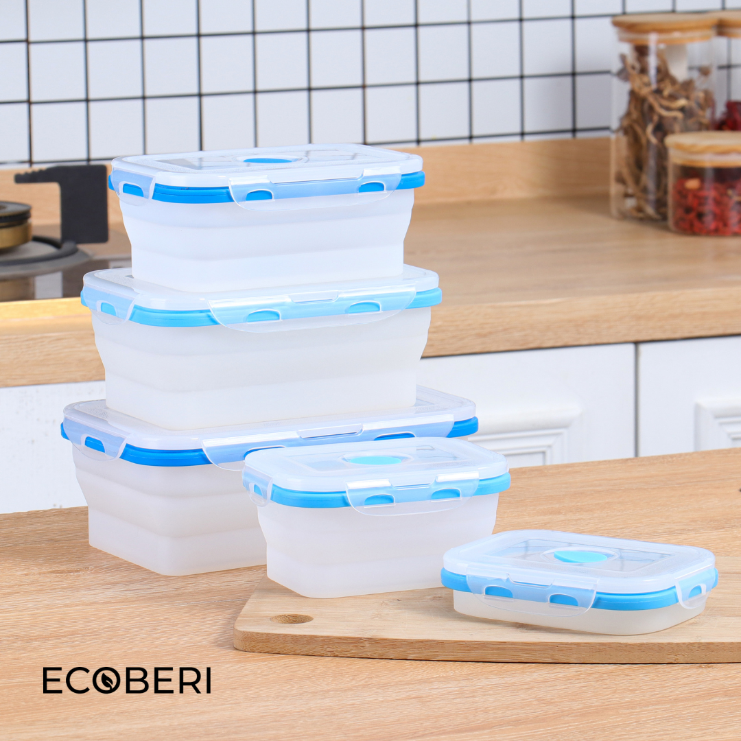 Set of 4 Collapsible Foldable Silicone Food Storage Container With BPA  Free, Leftover Meal Box With Airtight Plastic Lids For Kitchen (Blue)