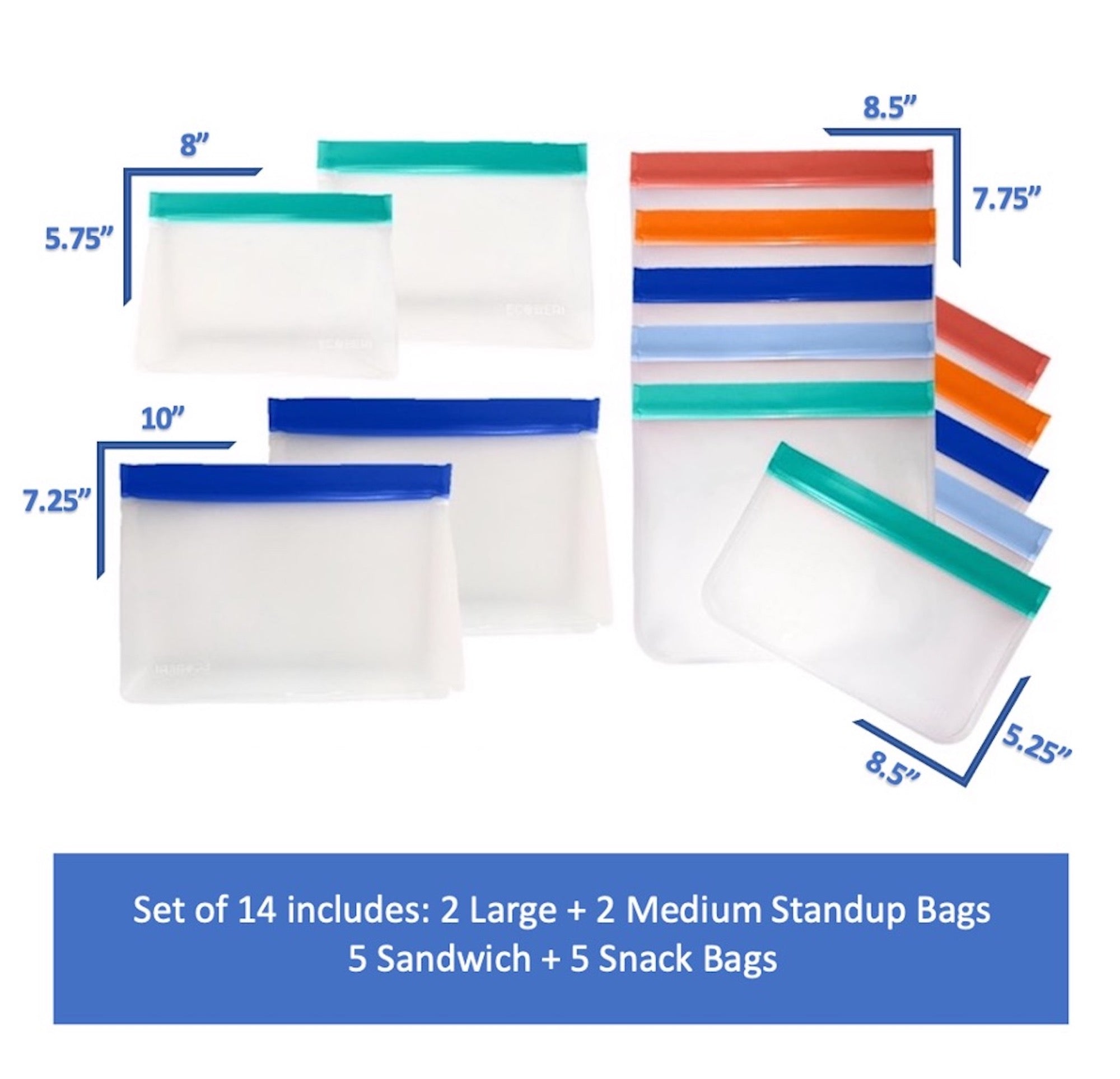 Ecoberi Reusable Food Storage Bags, 14 Pack, Leakproof, Freezer