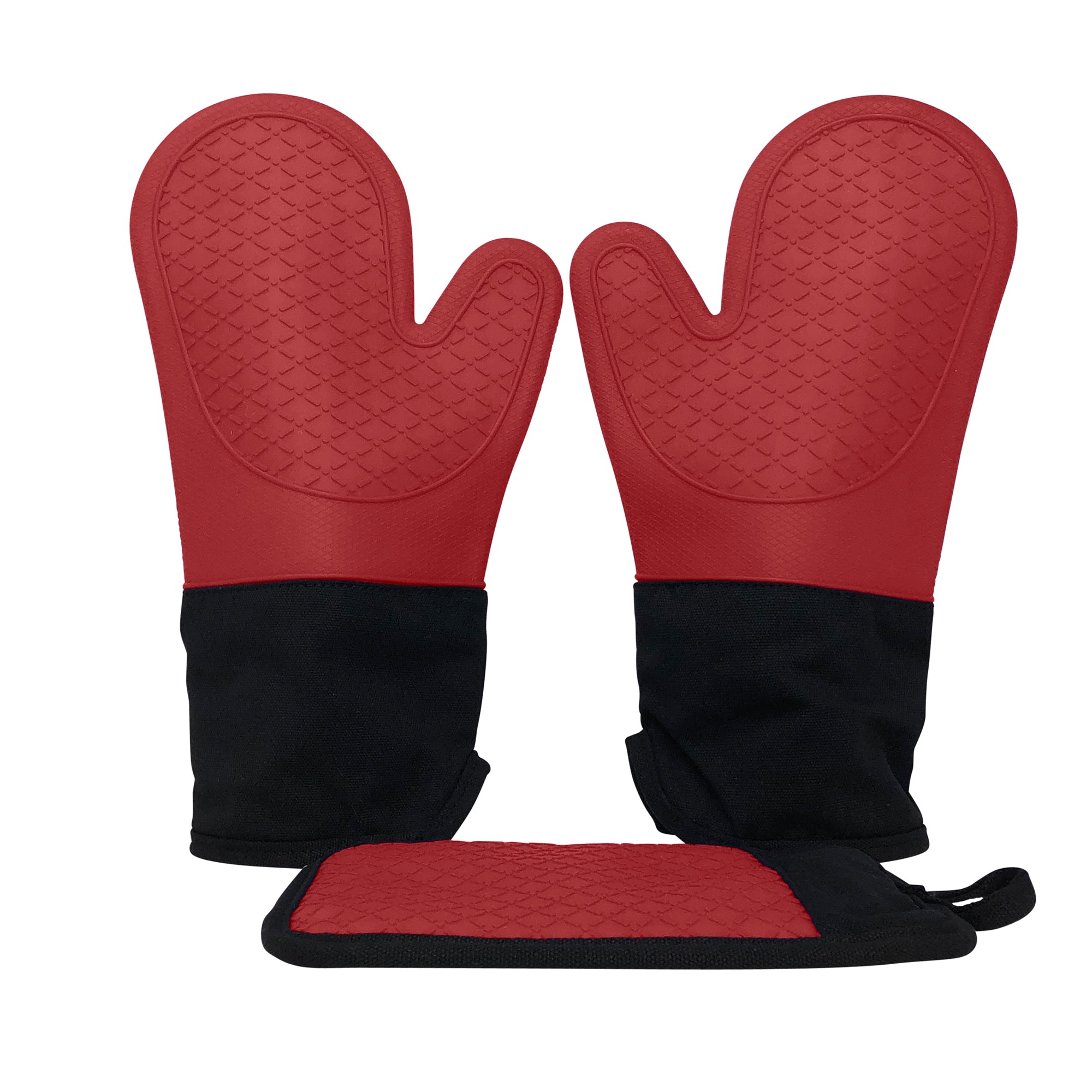 Ecoberi Oven Mitt and Potholder Set, Heat Resistant Silicone, Non-Slip Grip, Cook, Bake, BBQ, Set of 3 (deep Red)